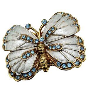 Butterfly Silver Blue Trinket Box Rhinestones Enamel Collectible Hinged Jewelry